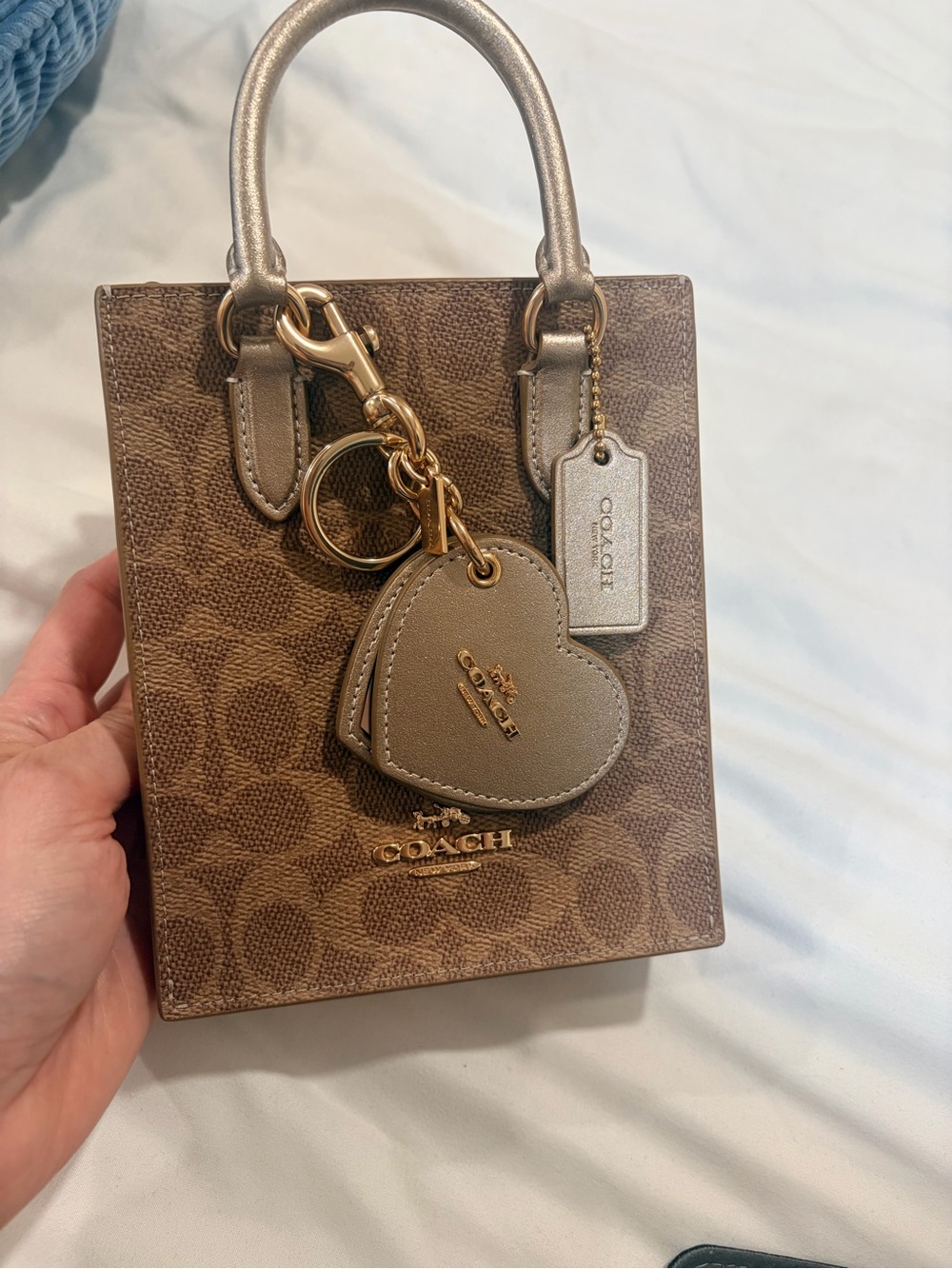 Coach Brown Signature Mini Tote with Gold Hardware and Taupe Charm